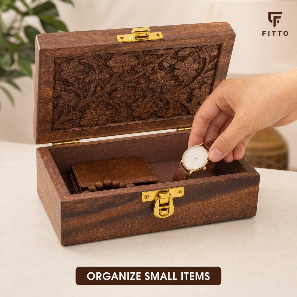 120 Pieces Wooden Rectangular Storage Box, Carved Brown Keepsake Organizer, 2.5 x 3.5 Inch
