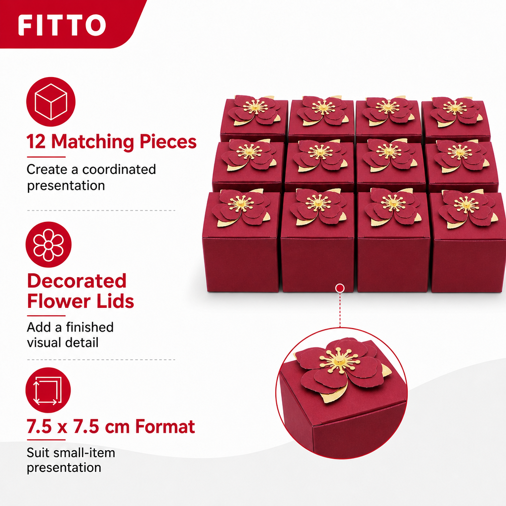 96 Pieces Paper Presentation Boxes with Floral Decoration, Maroon, 7.5 x 7.5 cm, 12 Pieces