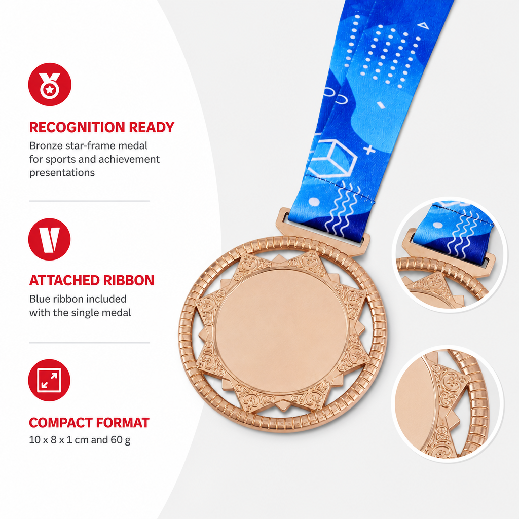 144 Pieces Star Frame Sports Medal with Blue Ribbon, Bronze, 10 x 8 cm