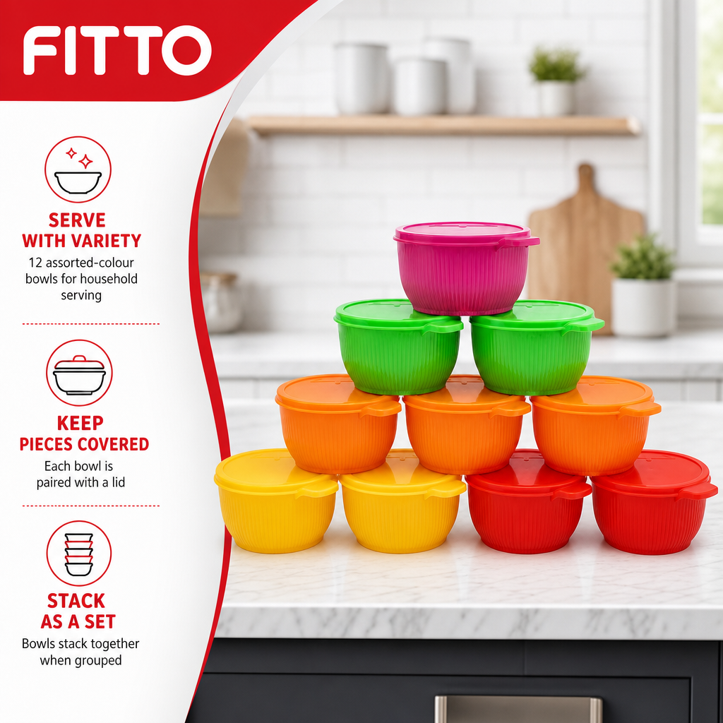 72 Pieces Plastic Food Bowls with Lids, 12-Piece Assorted Colour Set for Serving and Kitchen Use