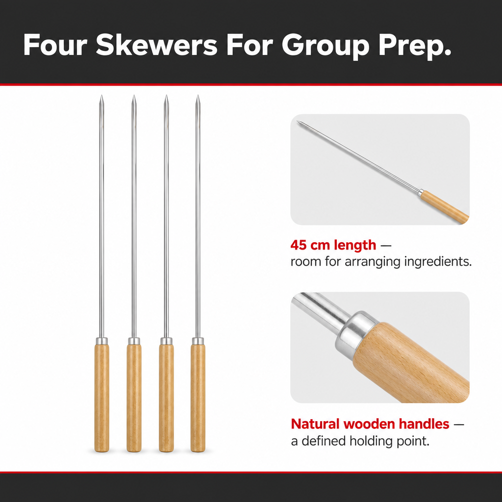 144 Pieces BBQ Skewers Stainless Steel with Wooden Handles 4 Piece Set 45 cm Silver