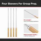144 Pieces BBQ Skewers Stainless Steel with Wooden Handles 4 Piece Set 45 cm Silver
