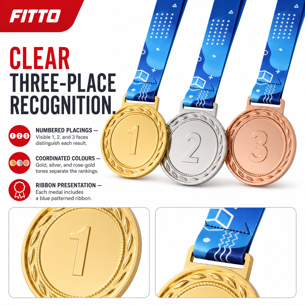 144 Pieces Numbered Award Medal Set with Ribbons, 1st 2nd and 3rd Place Recognition Medals, Gold Silver Rose Gold