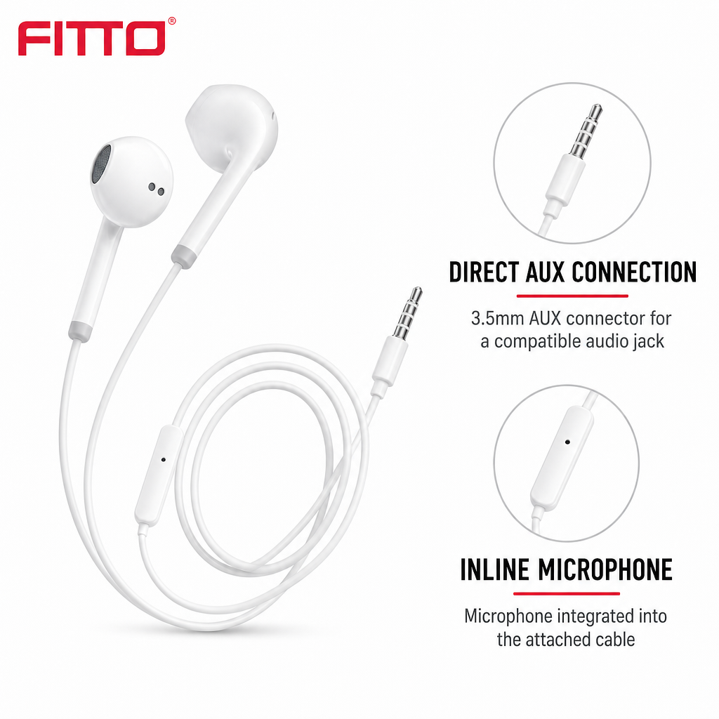 144 Pieces Wired HiFi Earphones with Inline Microphone, 3.5mm AUX Connector, White