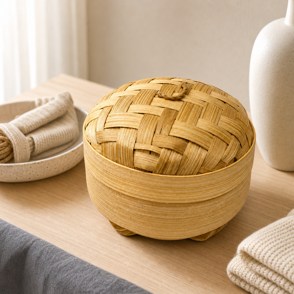 96 Pieces Handwoven Bamboo Round Storage Box With Lid, 4-Inch Natural Organizer