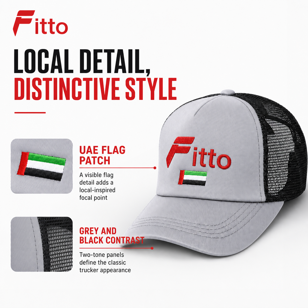 120 Pieces Grey and Black Trucker Cap with UAE Flag Detail, Mesh Back, Curved Brim, 1 Piece