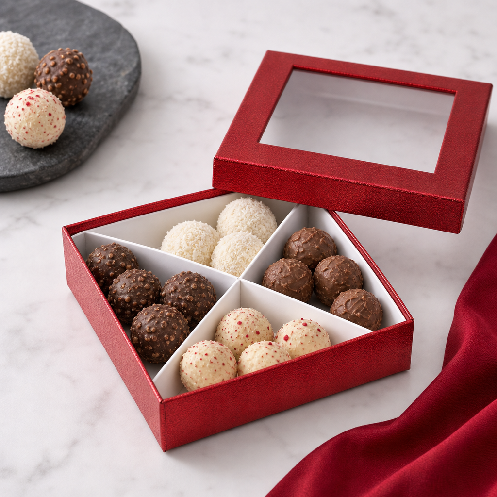 96 Pieces Red Square Chocolate Presentation Box with Clear Window and Divider Insert, 20 x 20 x 5 cm, 1 Piece