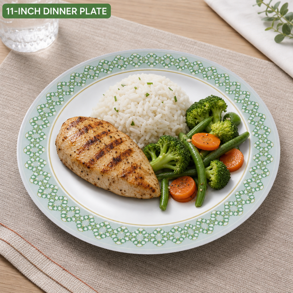 96 Pieces Melamine Dinner Plate, 11 Inch Round Tablewares, White with Green and Yellow Pattern
