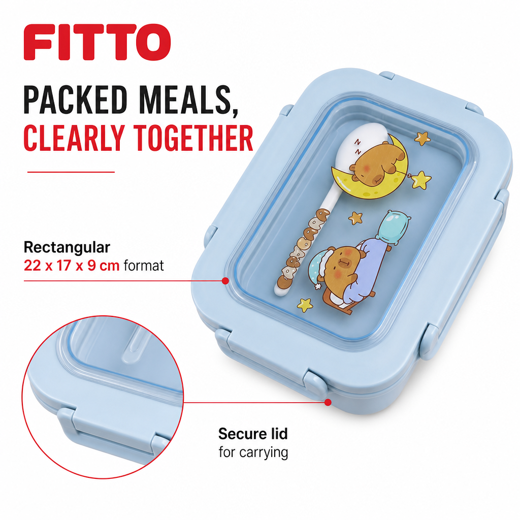 96 Pieces Blue Rectangular Lunch Box with Cartoon Print and Secure Lid, 1 Piece, 22 x 17 x 9 cm