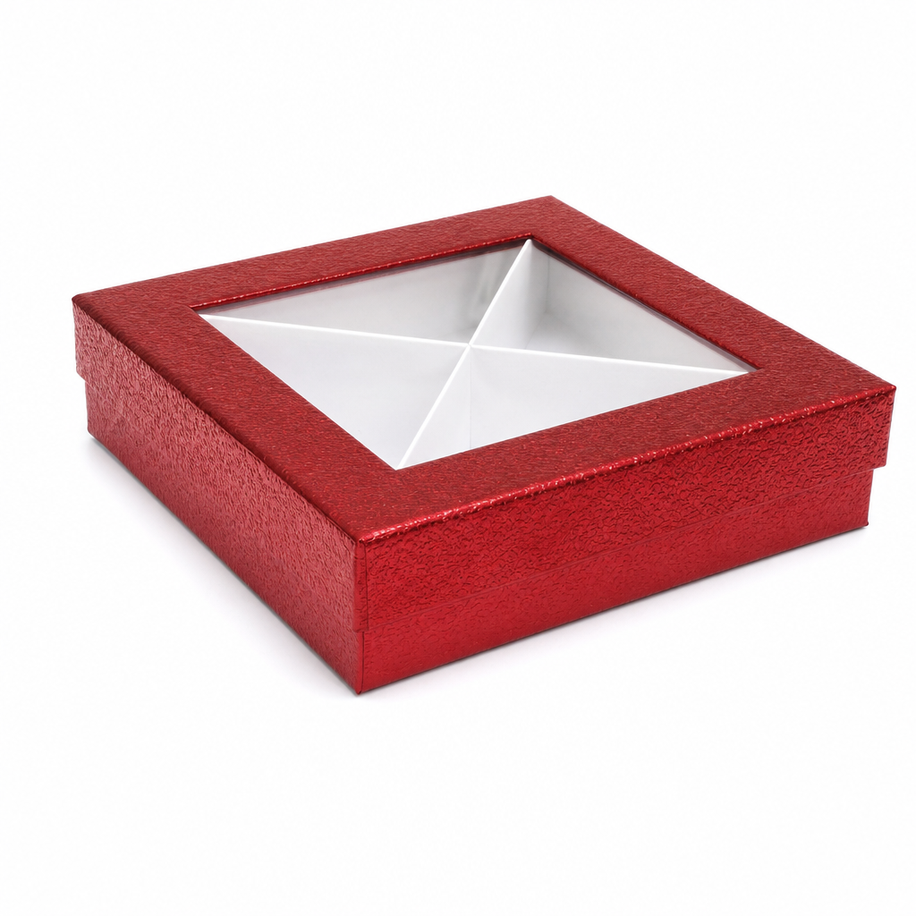96 Pieces Red Square Chocolate Presentation Box with Clear Window and Divider Insert, 20 x 20 x 5 cm, 1 Piece