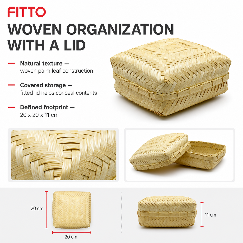 96 Pieces Woven Palm Leaf Storage Box with Lid, Natural Finish, 20 x 20 x 11 cm