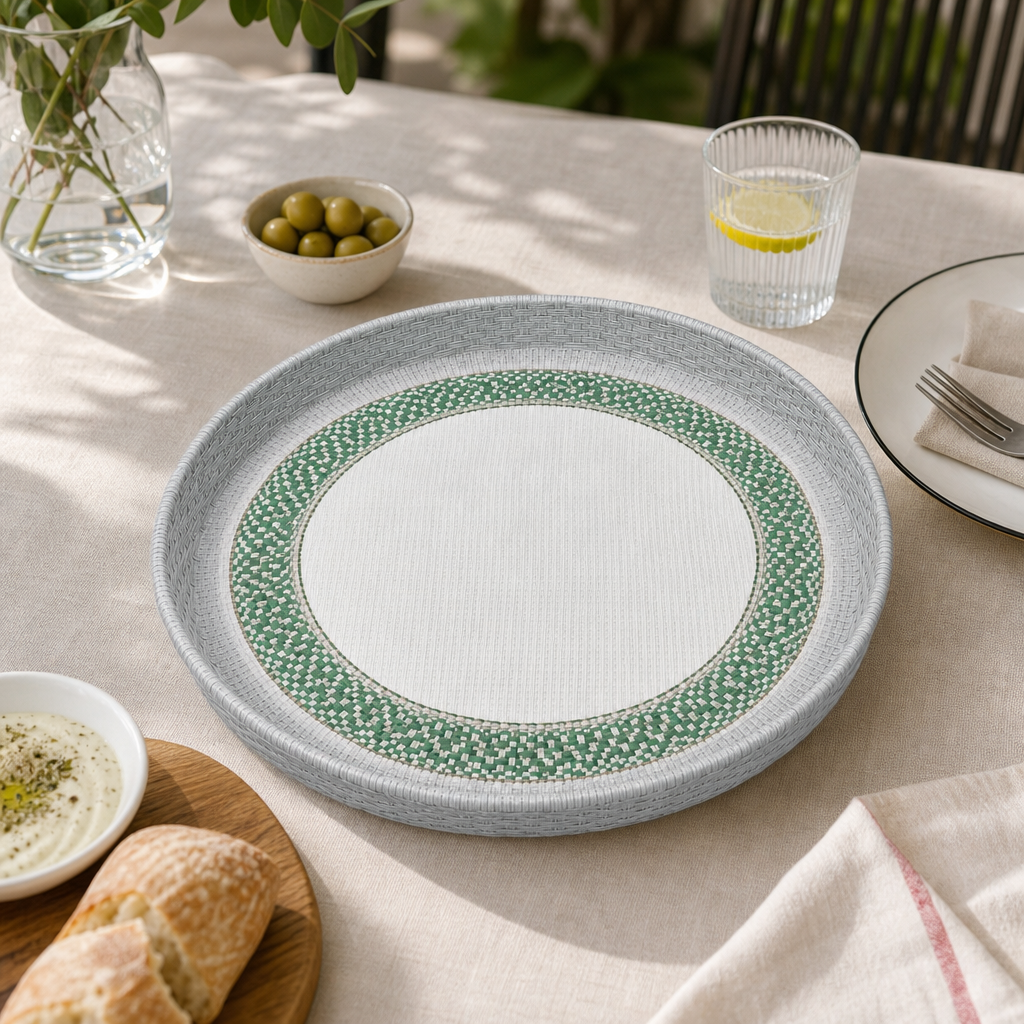 72 Pieces Round Woven Serving Trays, 55 cm, 4 cm Deep, Green and Grey Design