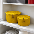 72 Pieces Round Woven Storage Box Set With Lids, 18 cm and 16 cm, Yellow, 2-Piece