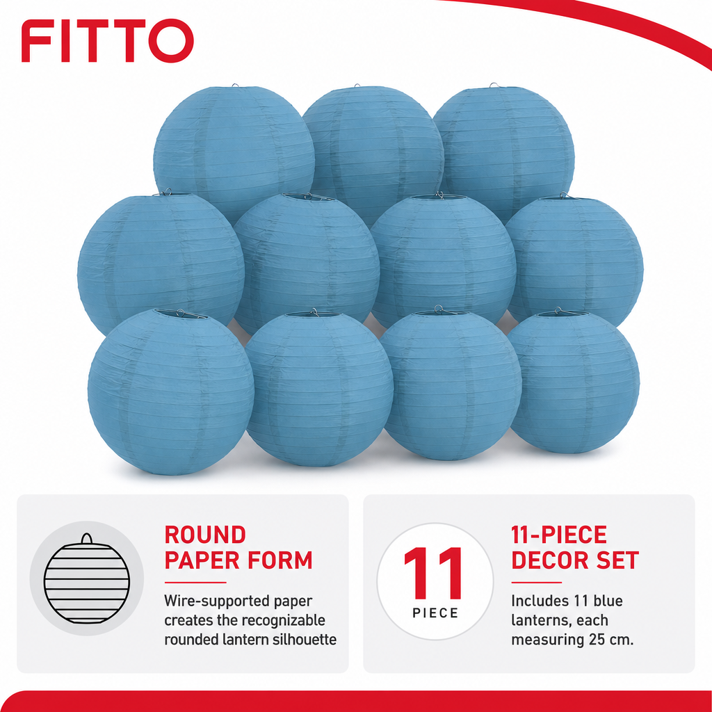 144 Pieces Blue Paper Wire Lanterns, 25 cm, 11-Pack, Round Hanging Decoration