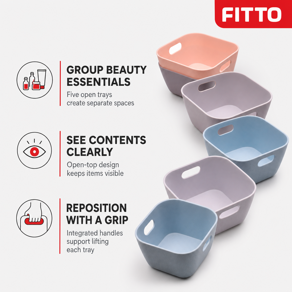 120 Pieces Cosmetic Organizers Tray Set, 5 Pieces, Mixed Colours, Handled Storage Bins for Makeup and Beauty Essentials