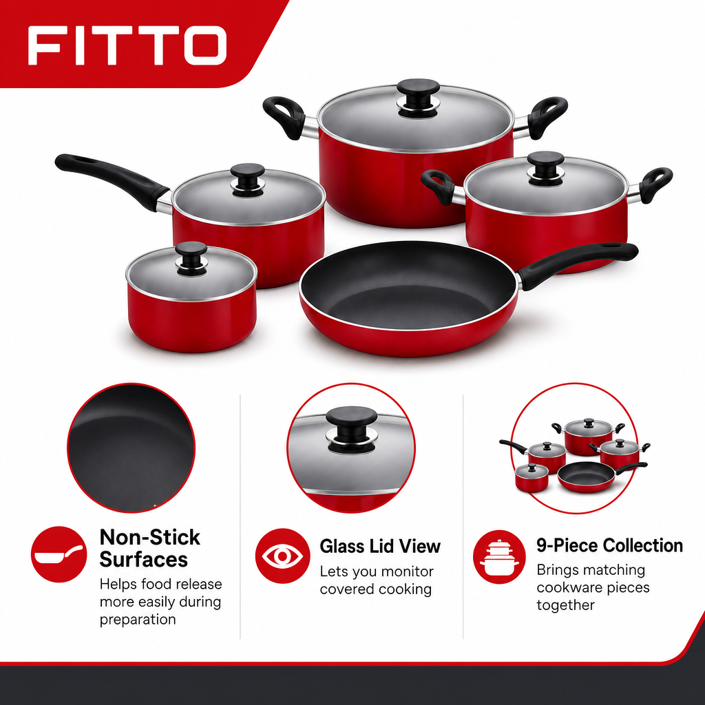 48 Pieces 9-Piece Non-Stick Cookwares Set with Glass Lids, Red