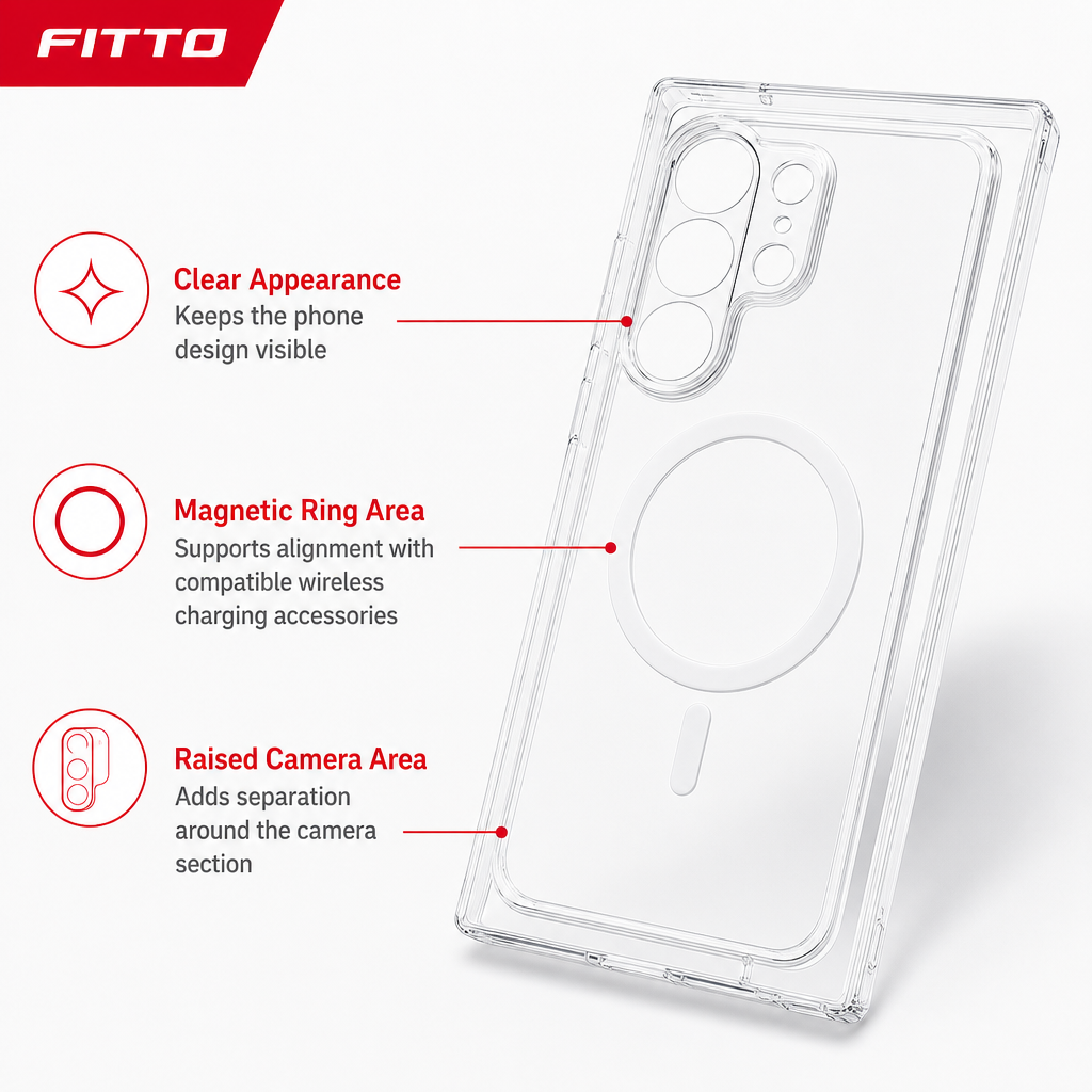 96 Pieces Crystal Clear Magnetic Phone Cases with Ring, Raised Camera Protection and Wireless Charging Support