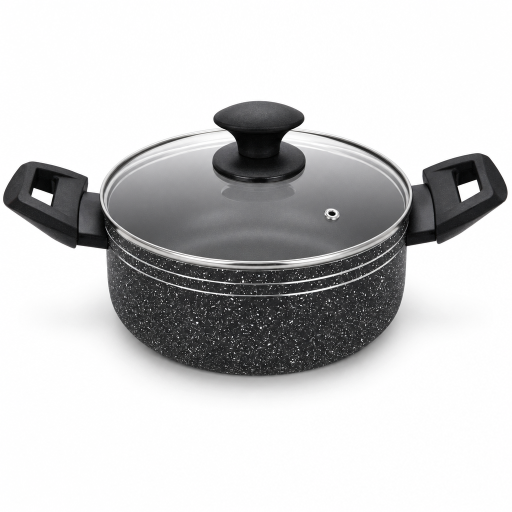 48 Pieces Pressed Aluminium Induction Casserole with Glass Lid, 28 x 12 cm, Black