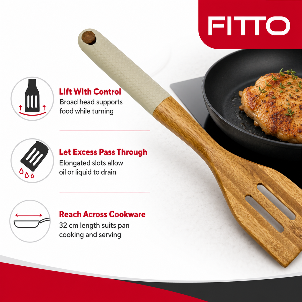 96 Pieces Wooden Slotted Turner, 32 cm Kitchen Cooking Utensils with Ergonomic Textured Handle