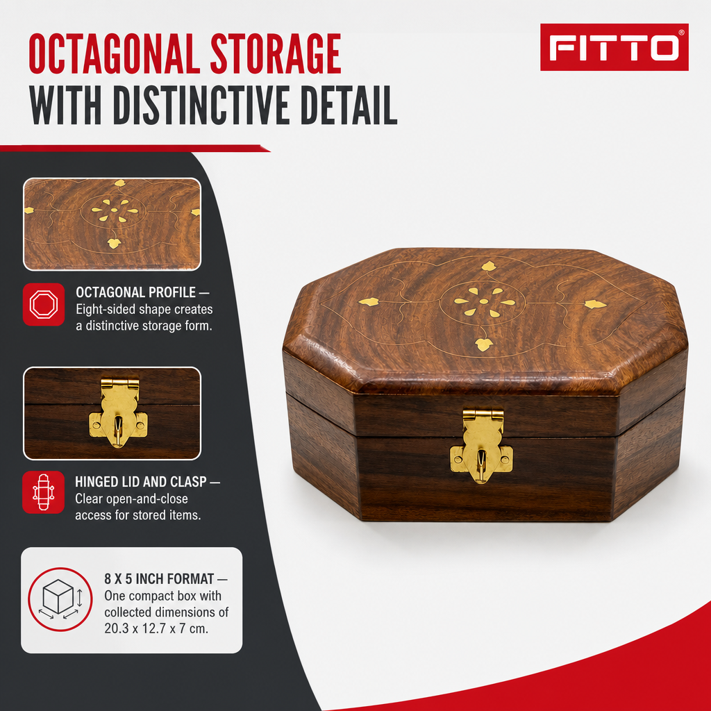 96 Pieces Wooden Octagonal Storage Box, 8 x 5 Inch, Hinged Lid and Front Clasp, Brown Decorative Organizer