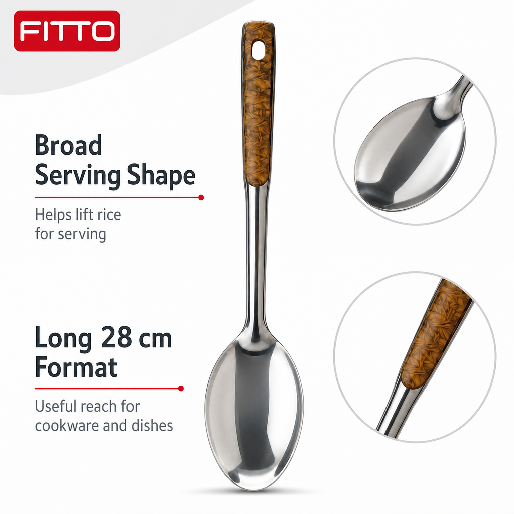 120 Pieces Rice Spoon, Stainless Steel Serving Utensil with Wood-Look Handle, 28 cm, Single Piece