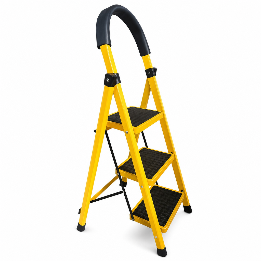 48 Pieces Folding Step Ladders, 3-Step Metal Household Ladder, Yellow, 110 x 42 cm, 1 Piece