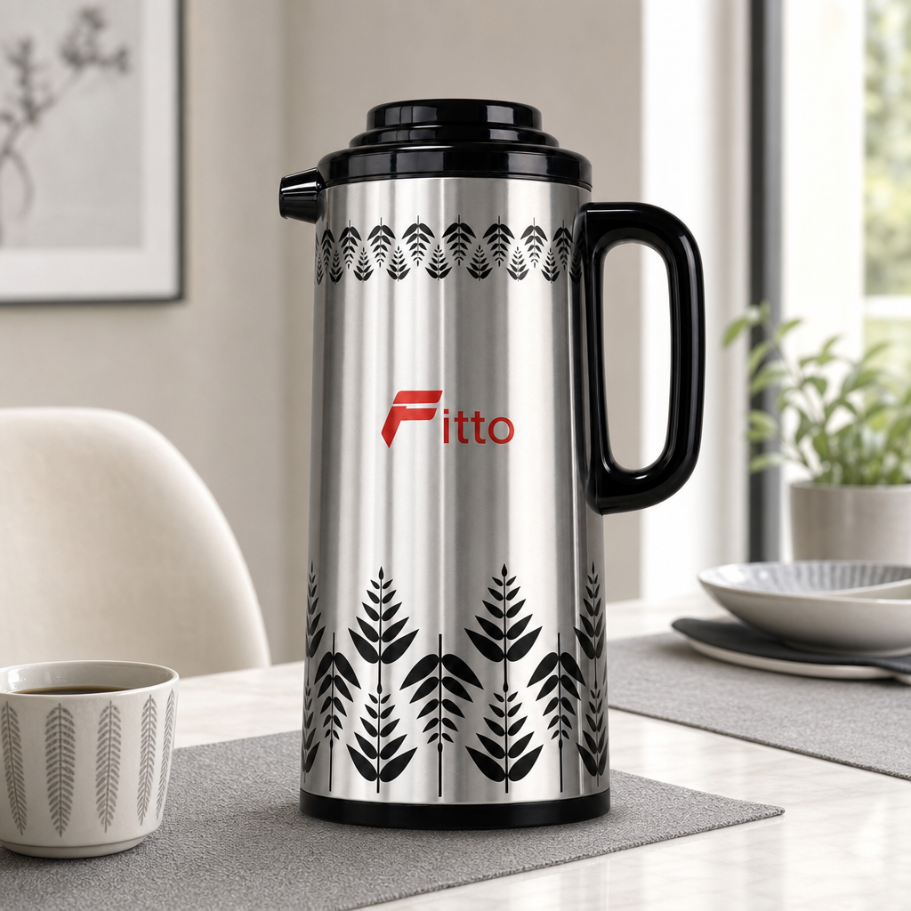 72 Pieces Vacuum Flask with Handle, Silver and Black Leaf Pattern, 1.9 Litre, 1 Piece