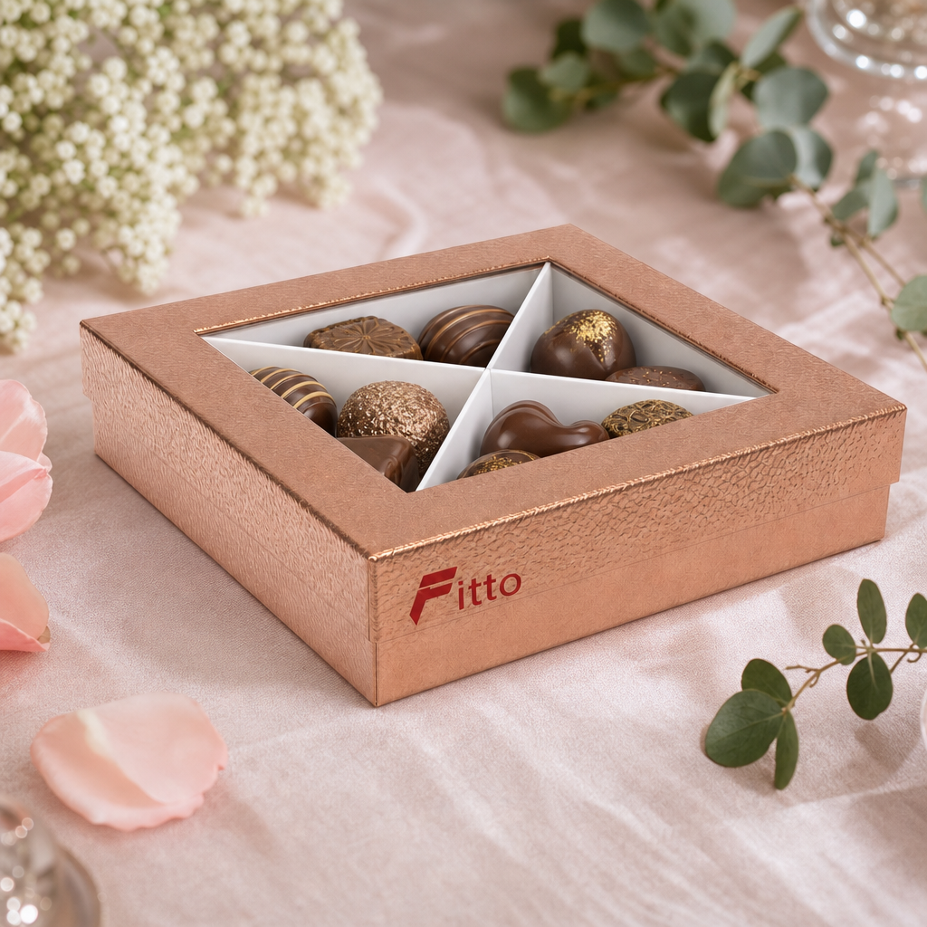 96 Pieces Chocolate Presentation Box with Clear Window and Divider Insert, Rose Gold Square, 20 × 20 × 5 cm, 1 Piece