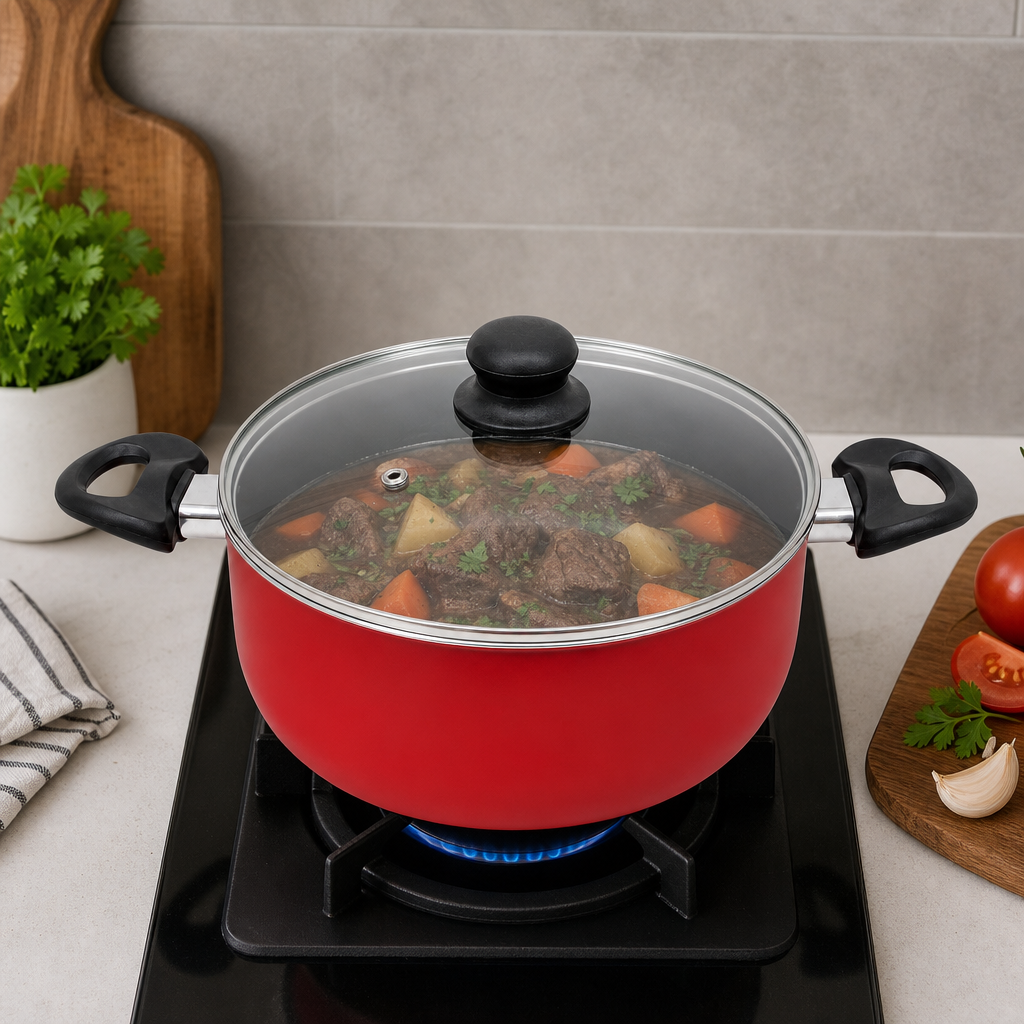 48 Pieces 26 cm Aluminium Non-Stick Saucepot with Glass Lid and Dual Side Handles, Red