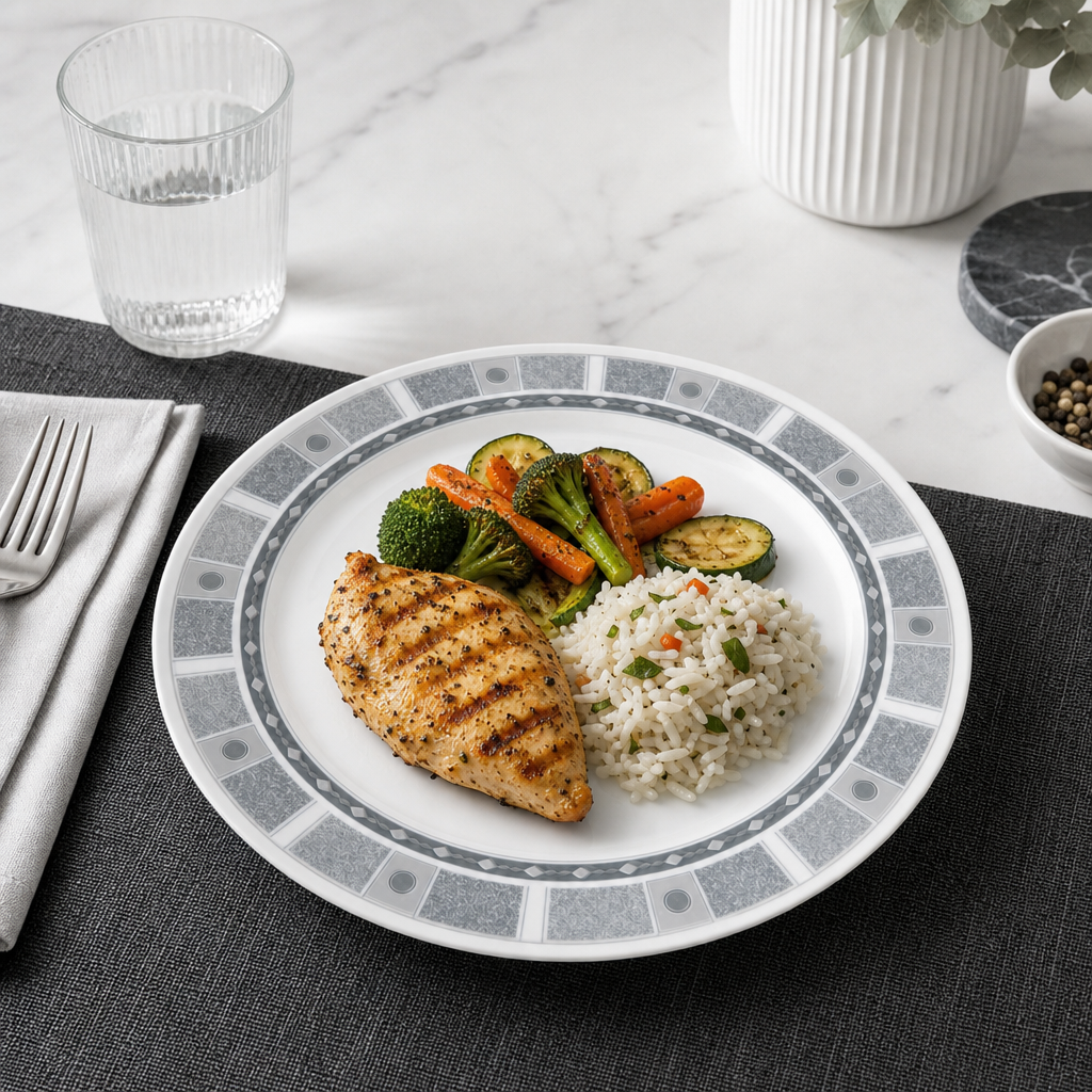 120 Pieces Dinner Plate, 10 Inch, Grey With Geometric Border, Round Tablewares For Meal Serving