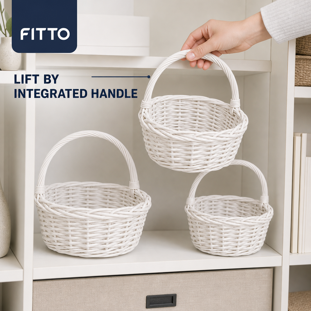 48 Pieces Round Wicker Basket Set with Handles, White, 3 Piece