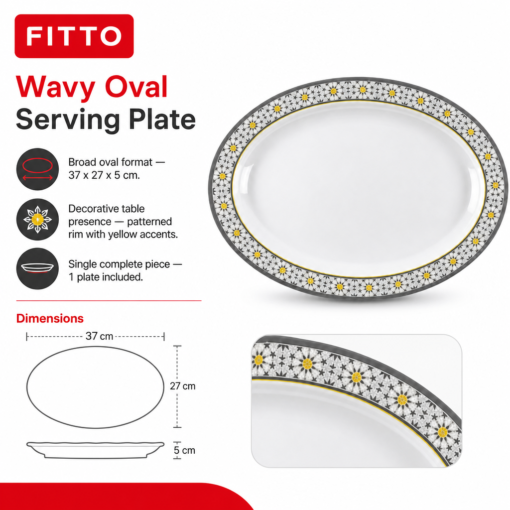 96 Pieces Melamine Wavy Oval Serving Plate, 14 Inch, White and Grey with Yellow Accents