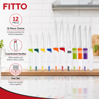 96 Pieces Kitchen Knives Set, Stainless Steel Blades with White Handles and Multi-Colour Accents, 12 Pieces