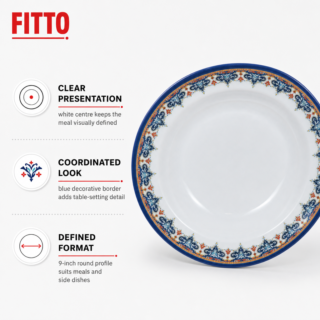120 Pieces Melamine Dinner Plate, 9 Inch, White With Blue Decorative Border