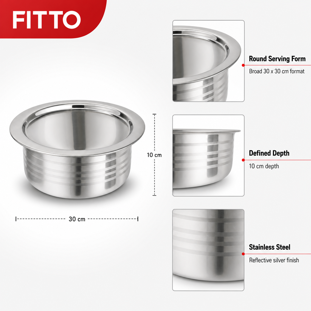 48 Pieces Stainless Steel Serving Bowl, Round, 30 x 30 x 10 cm, Silver
