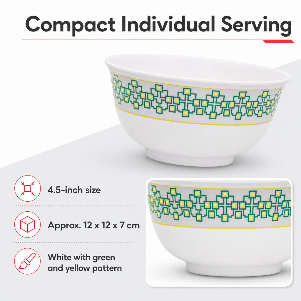 120 Pieces Melamine Rice Bowl, 4.5 Inch, White with Green and Yellow Geometric Pattern