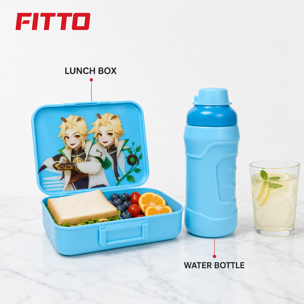 96 Pieces Lunch Box and Water Bottle Set, Light Blue Cartoon Design