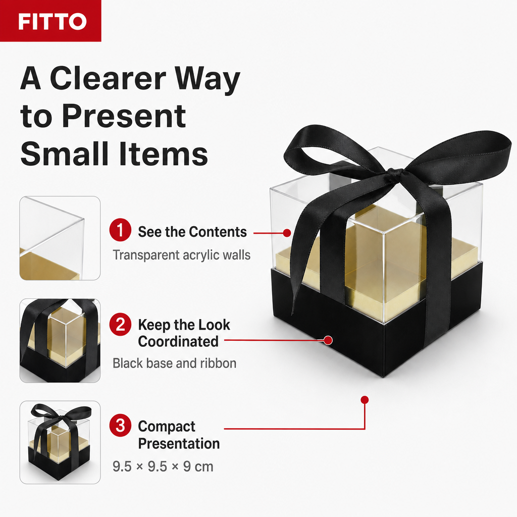 120 Pieces Acrylic Square Box with Ribbon, Black, 9.5 × 9.5 × 9 cm, 1 Piece