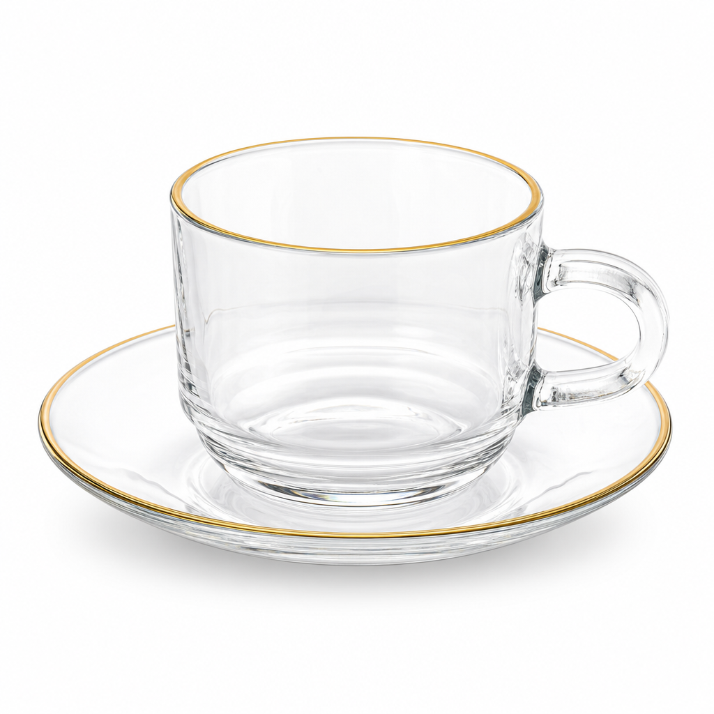 72 Pieces Clear Glass Tea Cup and Saucer Set with Gold Rim, 2 Pieces