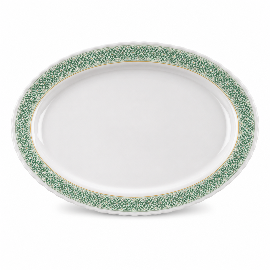 96 Pieces Melamine Wavy Oval Serving Plate, 12 Inch, White with Green and Yellow Pattern