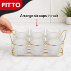 60 Pieces Textured Clear Glass Cup Set with Gold-Tone Metal Rack, 6 Cups and Rack, 7-Piece Drinkwares Set