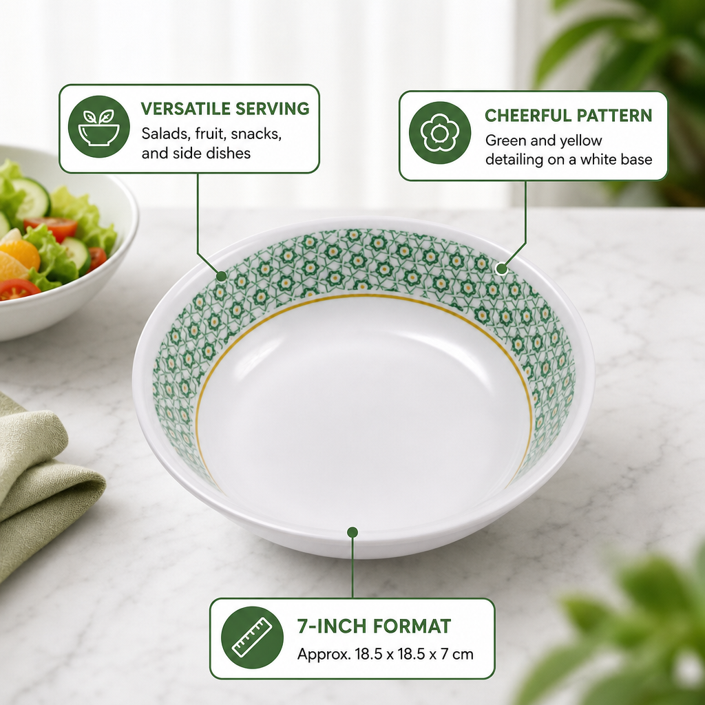96 Pieces Melamine Salad Bowl, 7 Inch, White with Green and Yellow Pattern