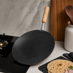 72 Pieces Black Iron Tawa Frying Pan with Wooden Handle, 14 Inch, 1 Piece