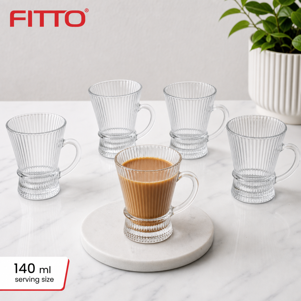 96 Pieces Ribbed Glass Mug Set, 140 ml Clear Small Tea Cups, 6 Pieces
