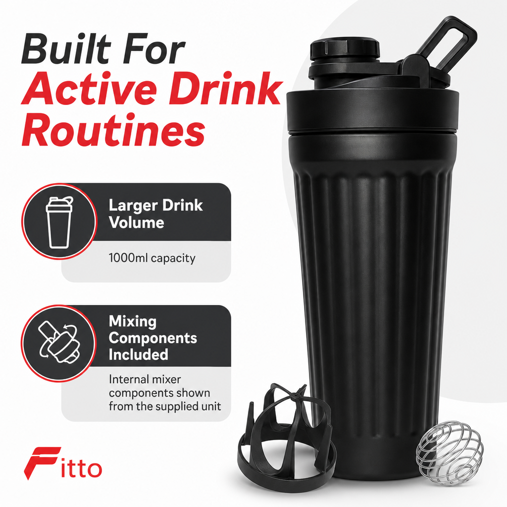 96 Pieces Stainless Steel Shaker Bottle with Mixer, 1000ml, Black