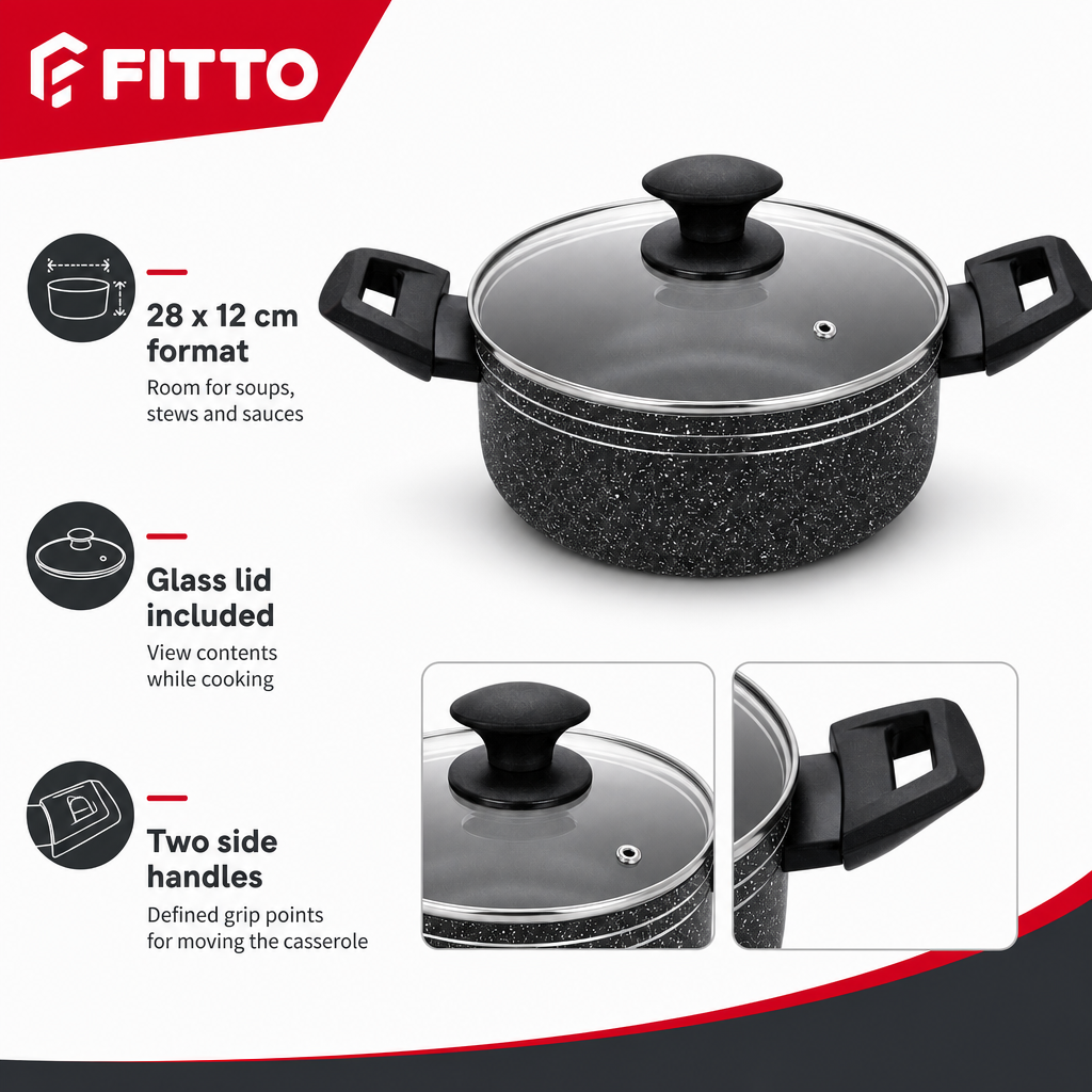48 Pieces Pressed Aluminium Induction Casserole with Glass Lid, 28 x 12 cm, Black