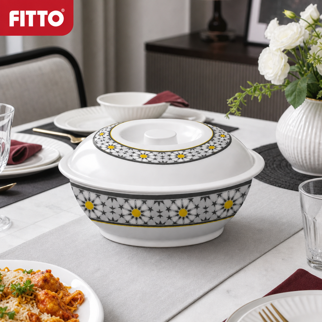 96 Pieces Melamine Lidded Serving Bowl, 10 Inch, White Floral Pattern