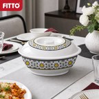 96 Pieces Melamine Lidded Serving Bowl, 10 Inch, White Floral Pattern
