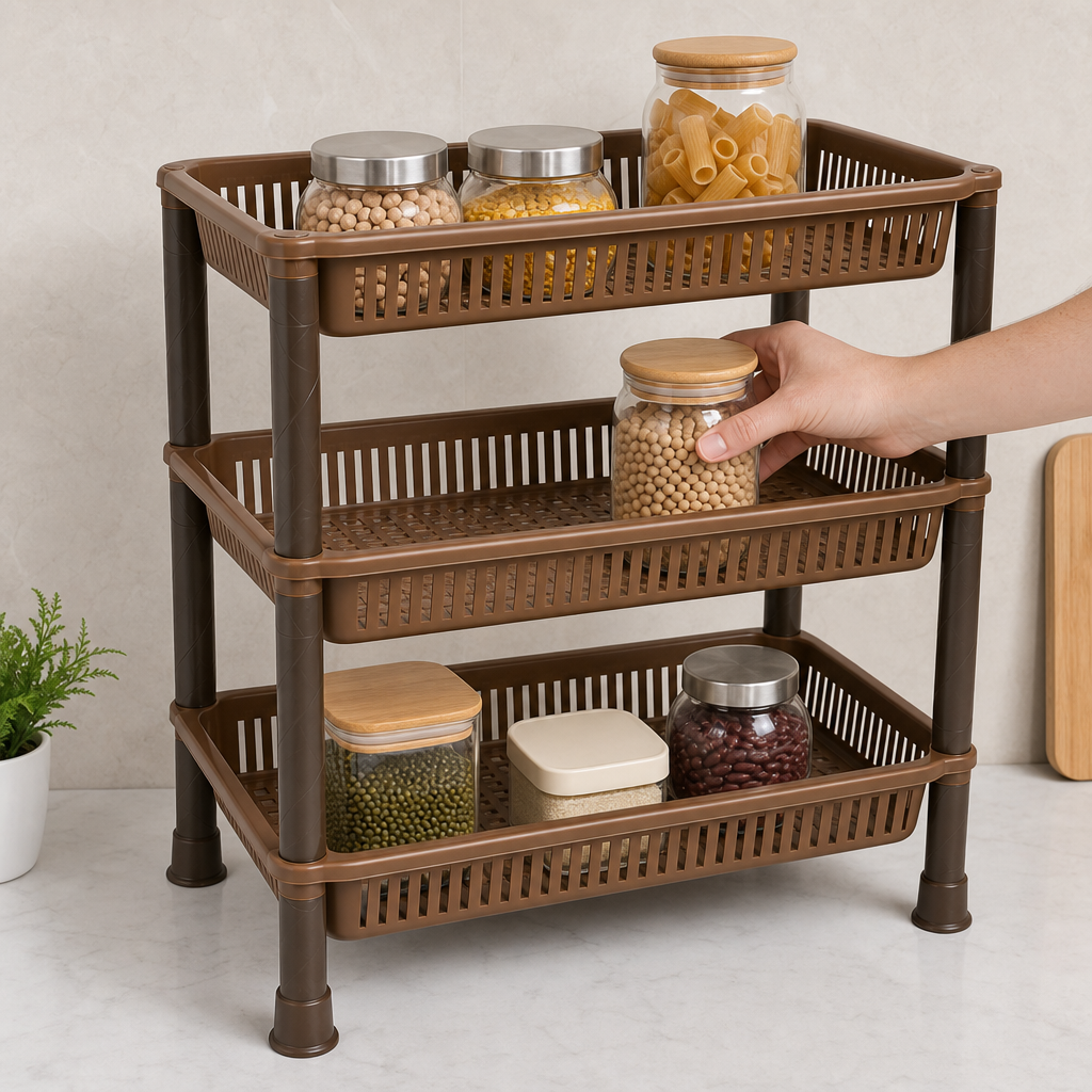 72 Pieces Brown Three-Tier Plastic Multipurpose Kitchen Storage Rack, 45 x 34 x 18 cm