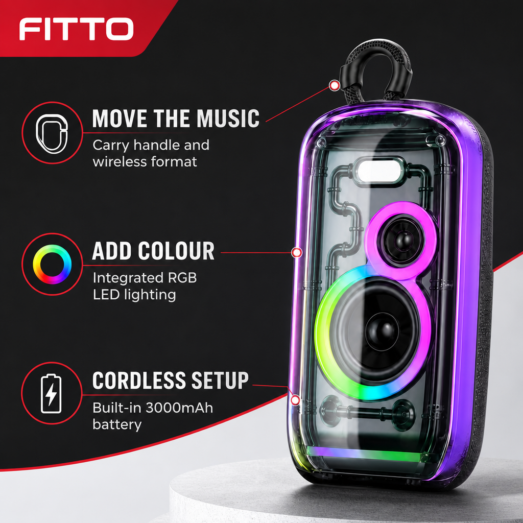 48 Pieces Portable Wireless Party Speaker, Transparent Housing, RGB LED Lighting, IPX5 Water Resistance and 3000mAh Battery